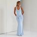 Elegant Halter Neck Bodycon Dress With Flowing Ribbon Accents - Slim-Fit Long Formal Gown In White, Black & Sky Blue (S/M/L)_ecoleips.com