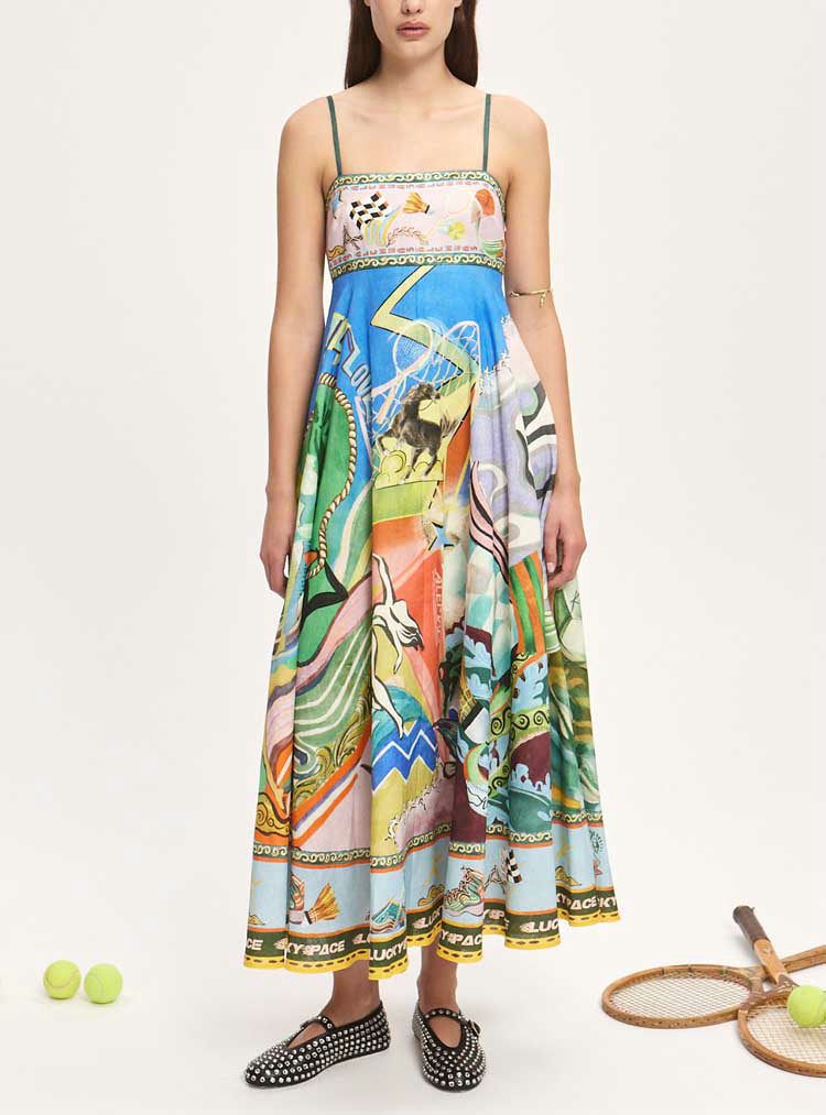 Women's Clothing INS New Cotton And Linen Printed Suspenders Sunflower Skirt Holiday Style Dress_ecoleips.com
