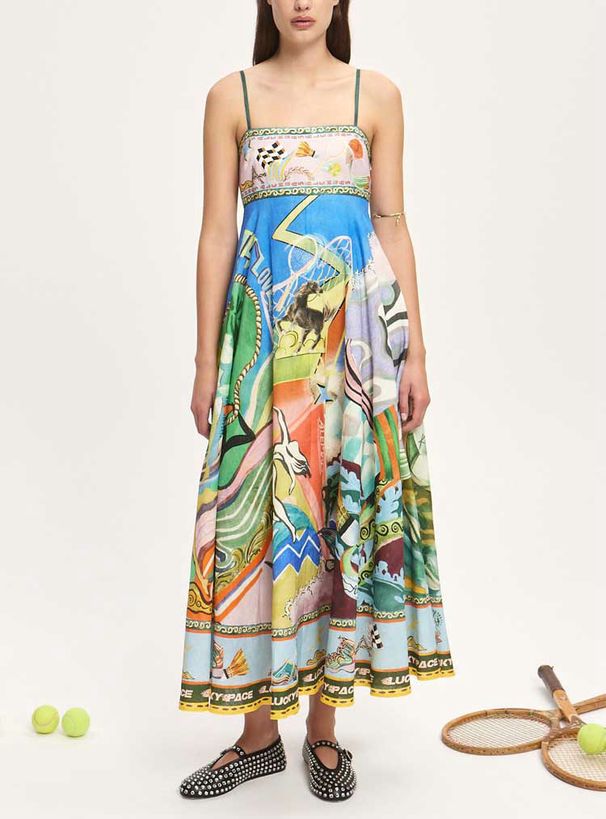 Women's Clothing INS New Cotton And Linen Printed Suspenders Sunflower Skirt Holiday Style Dress_ecoleips.com