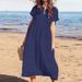 Women's Clothing New Solid Color V Neck Short Sleeved Loose Casual Long Women's Cotton And Linen Dress_ecoleips.com
