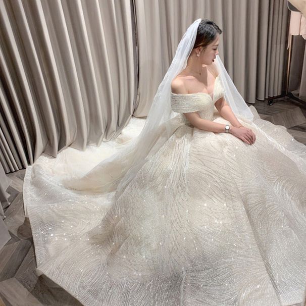 Women's Clothing Main Wedding Dress New Bride One Shoulder Slim Hepburn Dignified Starry Sky Trailing Dreamy Net Celebrity Style Female_ecoleips.com