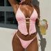 Women Textured Halter Two Piece Bikini Set, Front Cutout Pearl Decor Tie Side High Cut Swimsuit Summer Beach Bathing Suit_ecoleips.com
