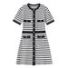 Women's Clothing Spring And Summer New French Round Neck Contrast Striped Single Breasted Short Sleeved Temperament Slim Knitted Dress_ecoleips.com