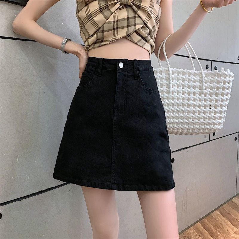 Summer Korean Version Of Black And Gray High-waisted Small Denim Skirt Women's Versatile And Thin Hip-wrapped A-word Short Skirt_ecoleips.com