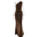 Elegant Satin Long Dress for Women High Waisted One Shoulder Asymmetrical Neckline Pleated Slim Fit Bodycon European American Style_ecoleips.com