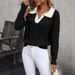 Elegant Contrast Collar Sweater – Long Sleeve Color-Block Knit Pullover For Women (Pink, Gray, Black, Brown, Red, Rose, S-XL)_ecoleips.com