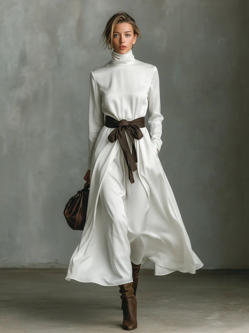 Stylish Turtleneck Long-sleeved Medium-length Dress With Contrasting Belt_ecoleips.com