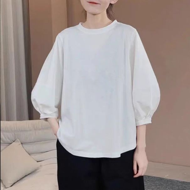 Literary Retro Lantern Sleeve T-shirt Casual Seven-quarter Sleeve Top Women's Clothing 2026 Spring And Summer New Versatile_ecoleips.com