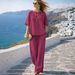 Summer 2 Piece Women's Casual Set with Drawstring Pockets European American Style Short Sleeve round Neck Top Wide Leg Pants_ecoleips.com