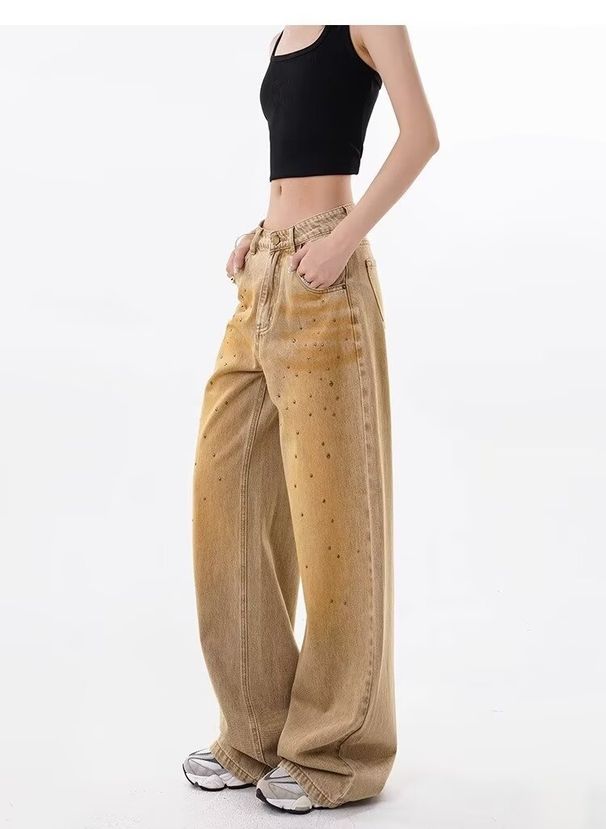 Vintage Distressed Rivet Wide-leg Jeans For Women, Autumn And Winter, Stylish, Loose, Slimming, Straight-leg,_ecoleips.com