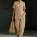 Women's Linen Button-Up Shirt Wide-Leg Pants Set Sky Blue Burgundy Beige Khaki Relaxed Fit Loungewear S-3XL_ecoleips.com