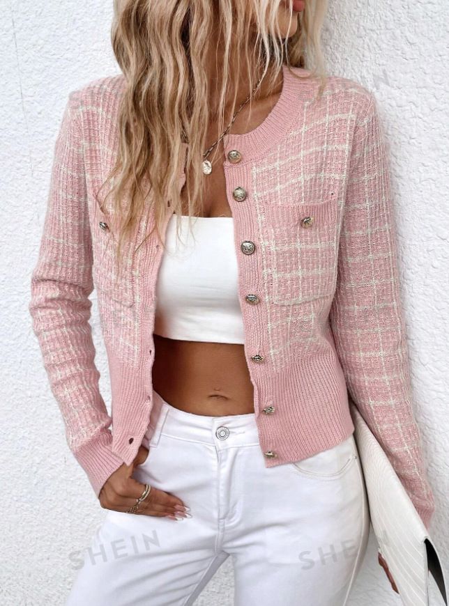 Women's ClothingPlaid Pattern Button Cardigan Short Sleeve Casual Polyester Top For Spring Autumn Tees With Flap Detail_ecoleips.com