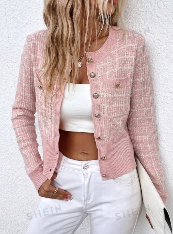 Women's ClothingPlaid Pattern Button Cardigan Short Sleeve Casual Polyester Top For Spring Autumn Tees With Flap Detail_ecoleips.com