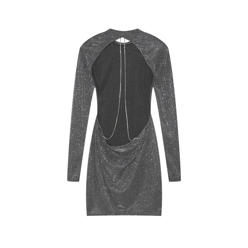 2025 European And American Style Backless Chain Round Neck Long Sleeved Wrap Buttocks TightShortSkirtRetroNostalgic French Dress_ecoleips.com