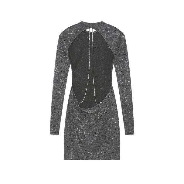 2025 European And American Style Backless Chain Round Neck Long Sleeved Wrap Buttocks TightShortSkirtRetroNostalgic French Dress_ecoleips.com