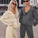 Women's Clothing Hooded Long Sleeve Jogger Set Casual Two-Piece Outfit Elastic Cuffs Streetwear Style, Soft Polyester-Spandex Blend (Dark Grey, Beige)_ecoleips.com