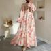 Round Neck Trumpet Sleeve Button Temperament Flower With Belt Long Elegant Dress_ecoleips.com