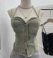 Women's Cowl Neck Padded Bralette Top Sexy Single Row Button Corset Crop Sleeveless Shirt_ecoleips.com