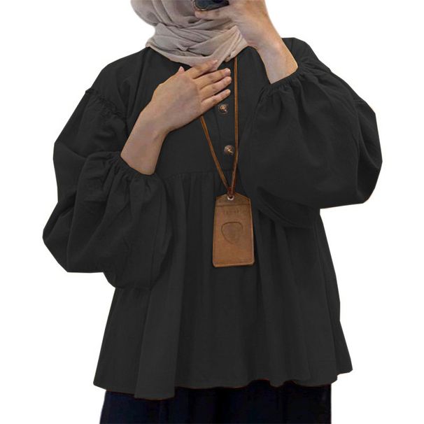 Muslim Women's Clothing New Simple Large Size Loose Waist Pleated Shirt Collar Loose Top_ecoleips.com