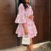 High Waist Lace Up Loose Holiday Mini Dress Elegant Flared Sleeve Pleated A-line Dress Casual V-neck Print Women's Summer Dress_ecoleips.com