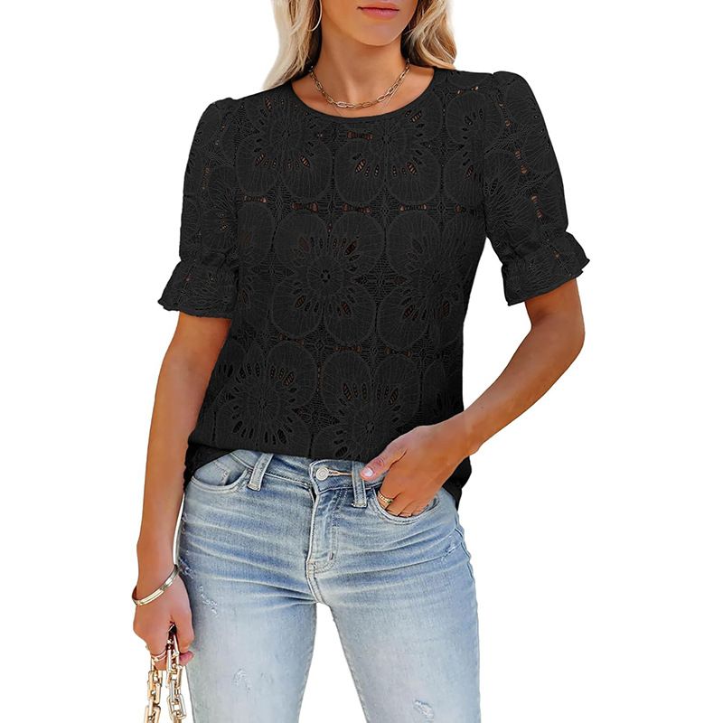 Women's Clothing Summer Hot Selling Casual Hollow Lace Bubble Short Sleeved Shirt Top_ecoleips.com