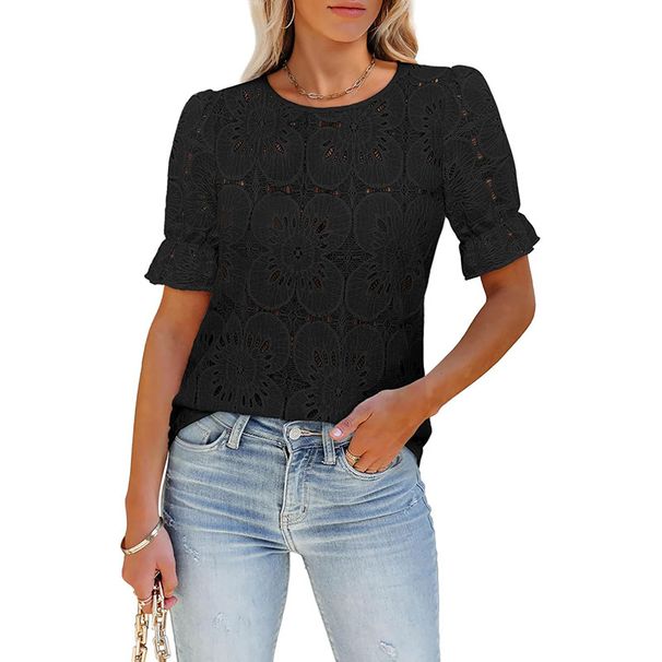 Women's Clothing Summer Hot Selling Casual Hollow Lace Bubble Short Sleeved Shirt Top_ecoleips.com