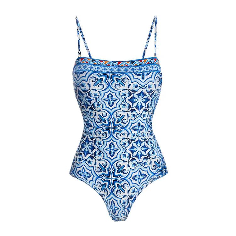 Women's Blue Printed One-Piece Swimsuit - National Style Design_ecoleips.com
