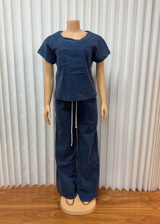 Women's Style Denim Set Round Neck Short Sleeve Top With Tie Waist Loose Straight Leg Trousers_ecoleips.com