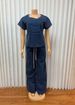 Women's Style Denim Set Round Neck Short Sleeve Top With Tie Waist Loose Straight Leg Trousers_ecoleips.com