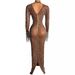 Women's Clothing Elegant Sheer Mesh Crystal Embellished Maxi Dress For Evening Parties & Celebrations - Sexy High Waist Long Sleeve Gown_ecoleips.com