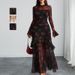 New European American Style Black Printed With Ruffle Sleeves, Plant And Floral Print, Niche For Women, Holiday Long_ecoleips.com