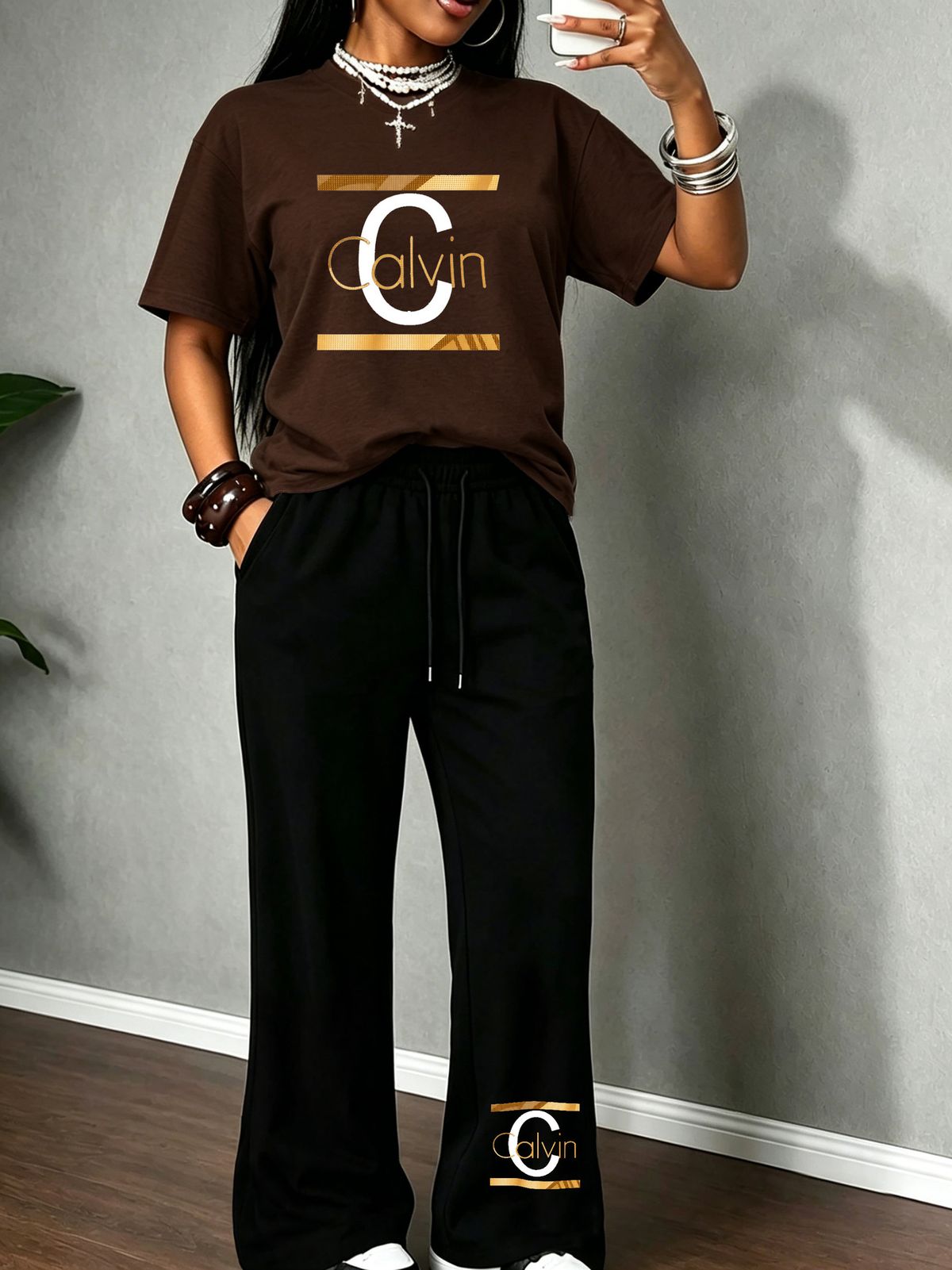 Luxury Gold Letter Print Matching Set Women's Casual Wear Comfortable plus Size Fit Unisex Couple's Pant Set_ecoleips.com