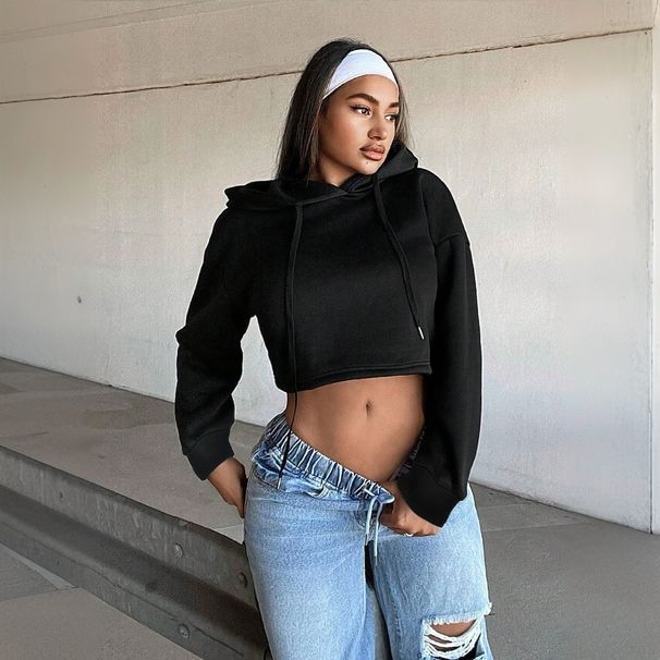 Voya Women's Clothing, European And American Personality Trend Style Hooded Sweatshirt,spring And Summer Fashion,western-style Short Top With Exposed Navel_ecoleips.com