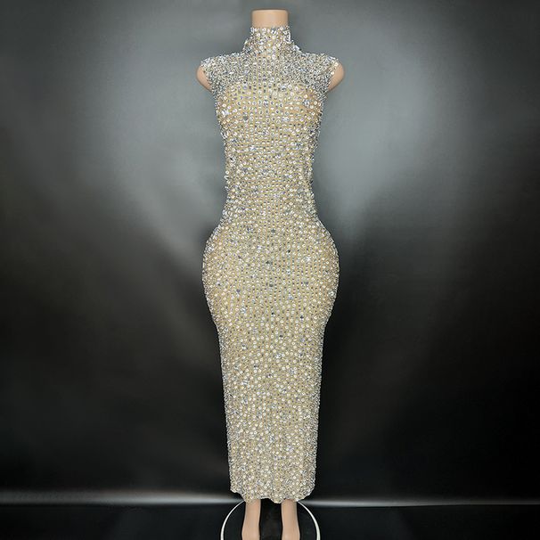 Women's Clothing Cheongsam Style Waist Slim Fit Temperament Sleeveless Super Shiny Full Diamond Dress_ecoleips.com