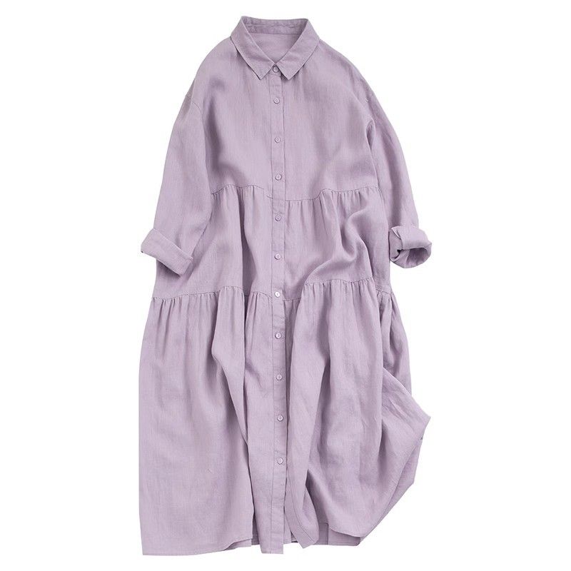 Women's Clothing Autumn New Forest Linen Dress Nine Points Long Sleeves High Waist Big Swing Skirt Loose Comfortable Cardigan Cotton Linen Long Skirt_ecoleips.com