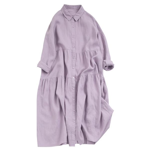 Women's Clothing Autumn New Forest Linen Dress Nine Points Long Sleeves High Waist Big Swing Skirt Loose Comfortable Cardigan Cotton Linen Long Skirt_ecoleips.com