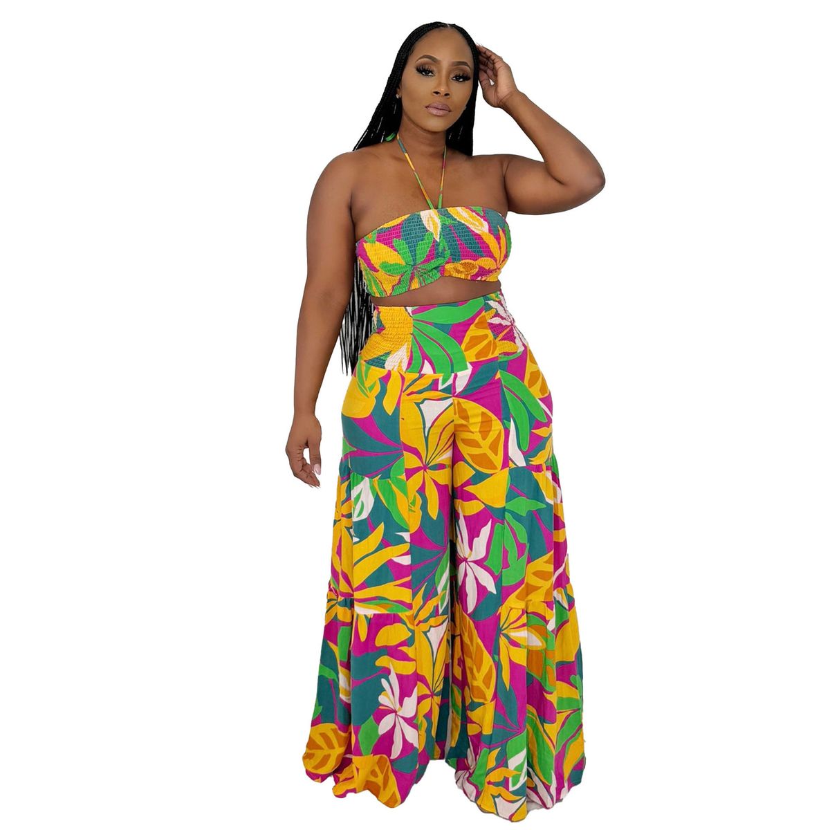 Women's Clothing Printed Tie Strap Wide Leg Pants Two Piece Suit_ecoleips.com