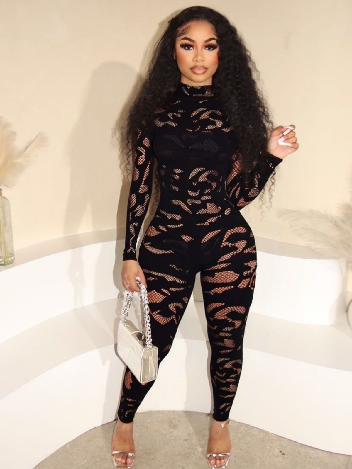 Women's Long Sleeve Jumpsuit Sexy Hollow Lace Round Neck Tight Fitting Hip Lifting Fashion Y00741QD_ecoleips.com