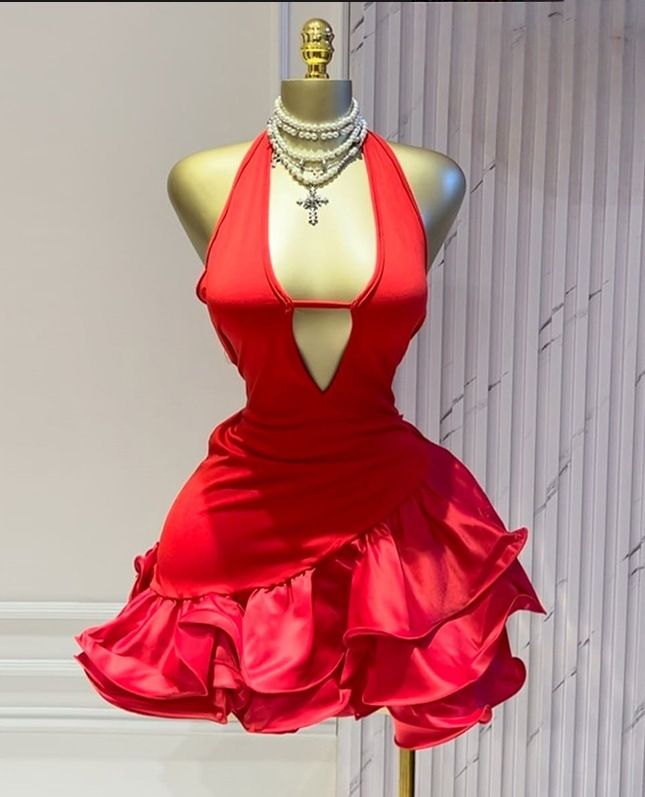 European And American Style Women's Sweet Fresh Deep V Neck Halter Backless Sleeveless Ruffle Dress Summer in Stock_ecoleips.com