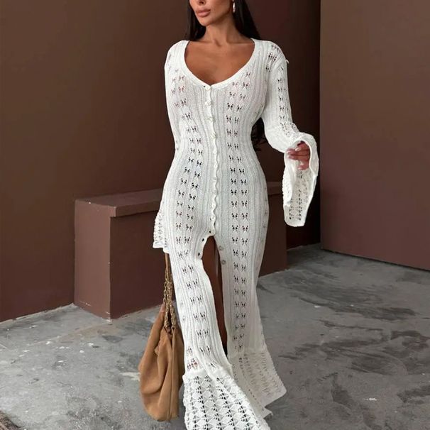 Solid Color Long Knitted Cardigan Outerwear With Hollowed Out Flared Sleeves And A Relaxed V Neck Women's Cover Up._ecoleips.com