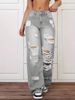 Distressed Denim Jeans For Women - High Waist Straight Leg Ripped Jeans With Vintage Wash In Blue & Grey_ecoleips.com