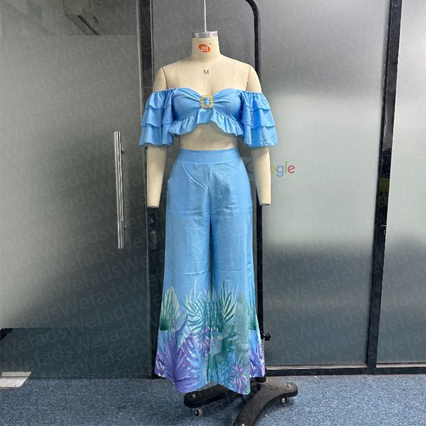 Women's Clothing Two-piece casual off-shoulder solid one-shoulder ruffle sleeves _ecoleips.com