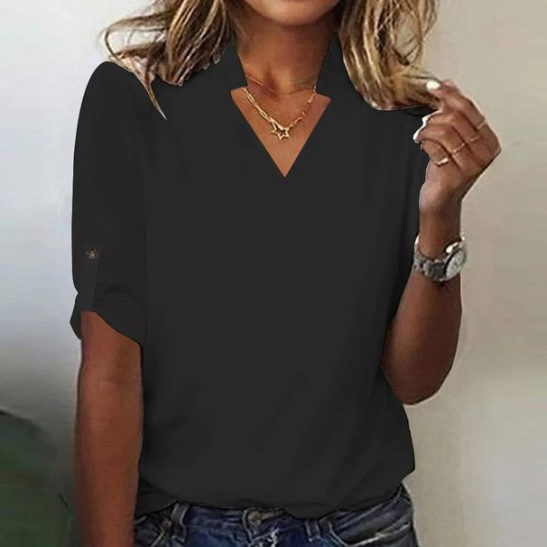 2025 New Women's Solid Color V-Neck Three-Quarter Sleeve Blouse_ecoleips.com