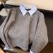 Shirt Collar Sweater For Women New Style Inner Wear Lazy Style Contrast Color Lapel Gray Knit Sweater Top_ecoleips.com