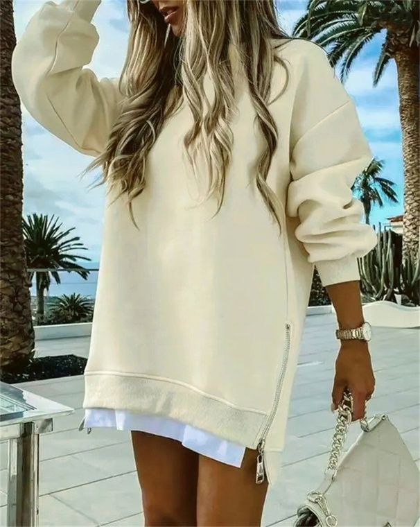 Women's Spring Autumn Fashion Splicing Side Zipper Design Sweatshirt Round Neck Long Sleeved Mid Length Irregular Tops_ecoleips.com