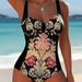 Conservative One Piece Swimsuit for Women European And American Style Print Color Blocking Waist Cinching Sexy Swimwear_ecoleips.com