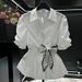 Women's Clothing New Arrivals Short Sleeved Shirt Waist Scarf Top White Women's European Temperament All Match Three Quarter Sleeve Shirt_ecoleips.com