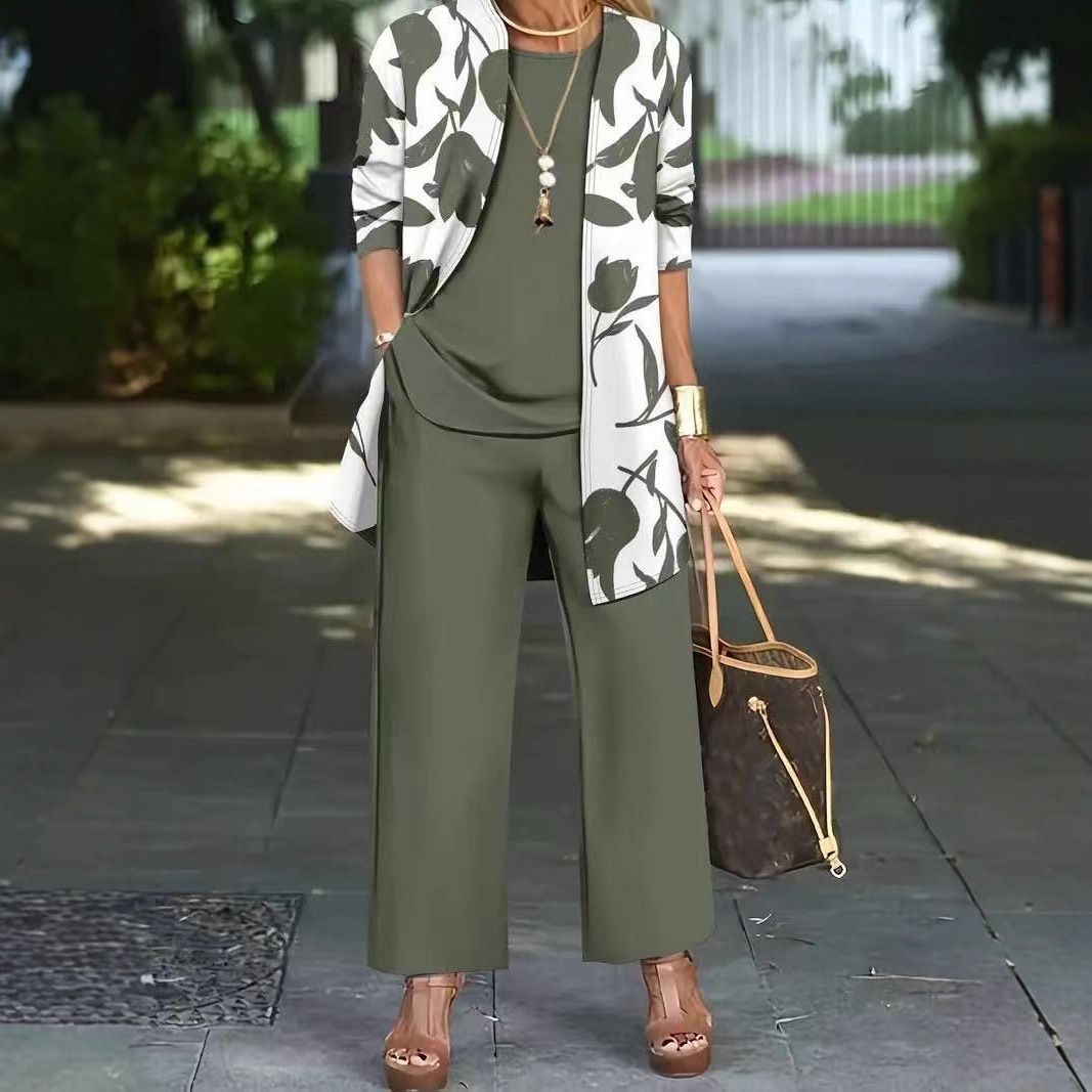 Women's Clothing Floral Print Three-Piece Set – Long-Sleeve Shirt, Vest & Pants (Navy, Black, Burgundy, Orange, Dark Green, Graphite, Olive)_ecoleips.com