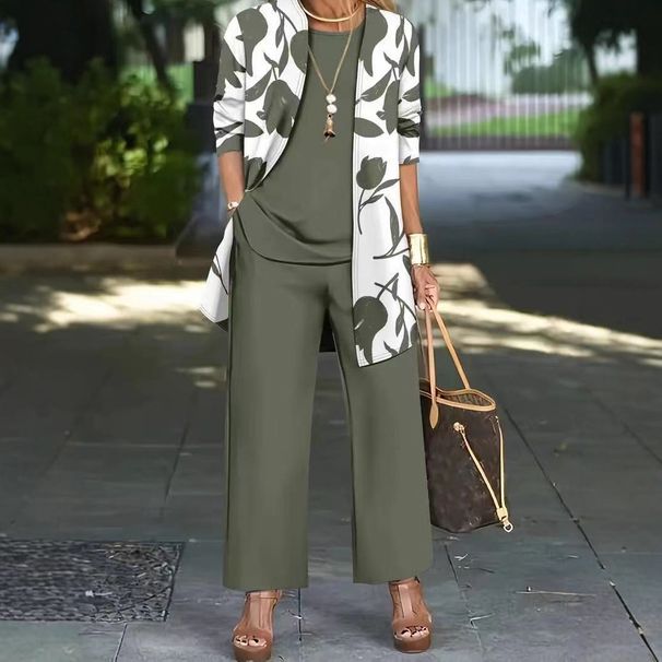 Women's Clothing Floral Print Three-Piece Set – Long-Sleeve Shirt, Vest & Pants (Navy, Black, Burgundy, Orange, Dark Green, Graphite, Olive)_ecoleips.com