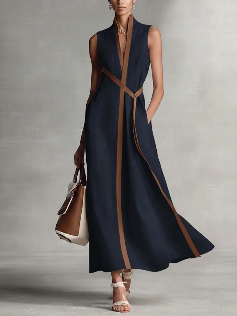 Women's Color Block Sleeveless Stand Collar Dress European American Style Cotton Linen Blend Available in 5 Colors_ecoleips.com